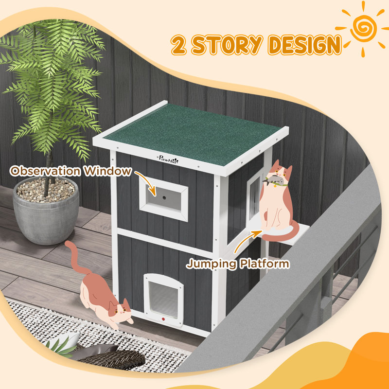 Tucker Murphy Pet Outdoor Cat House 2 Tiers Feral Cat Shelter Wooden With Weatherproof Roof Removable Floor Escape Doors For 1 2 Cats Gray Wayfair